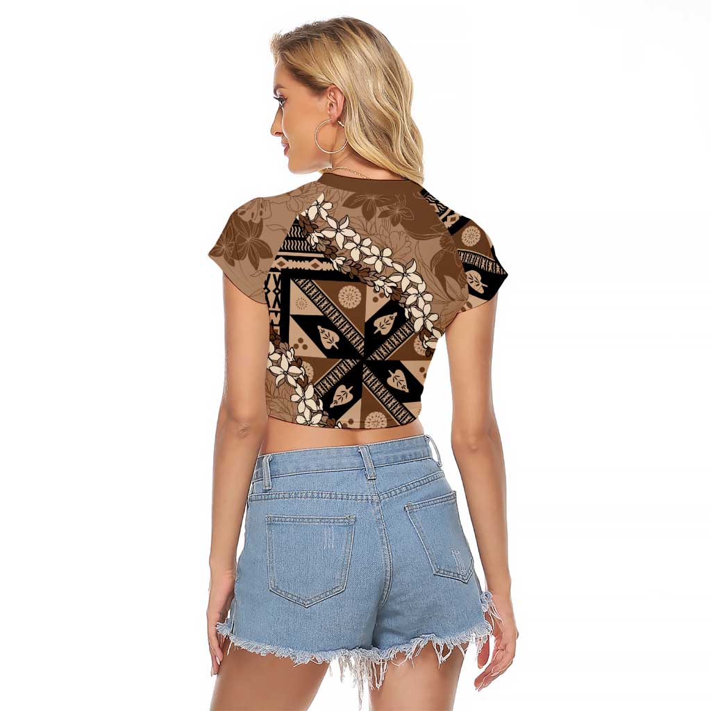 Bula Fiji Plumeria Tagimoucia Salusalu Mocha Raglan Cropped T Shirt Kaiviti Masi - Polynesian Pride
