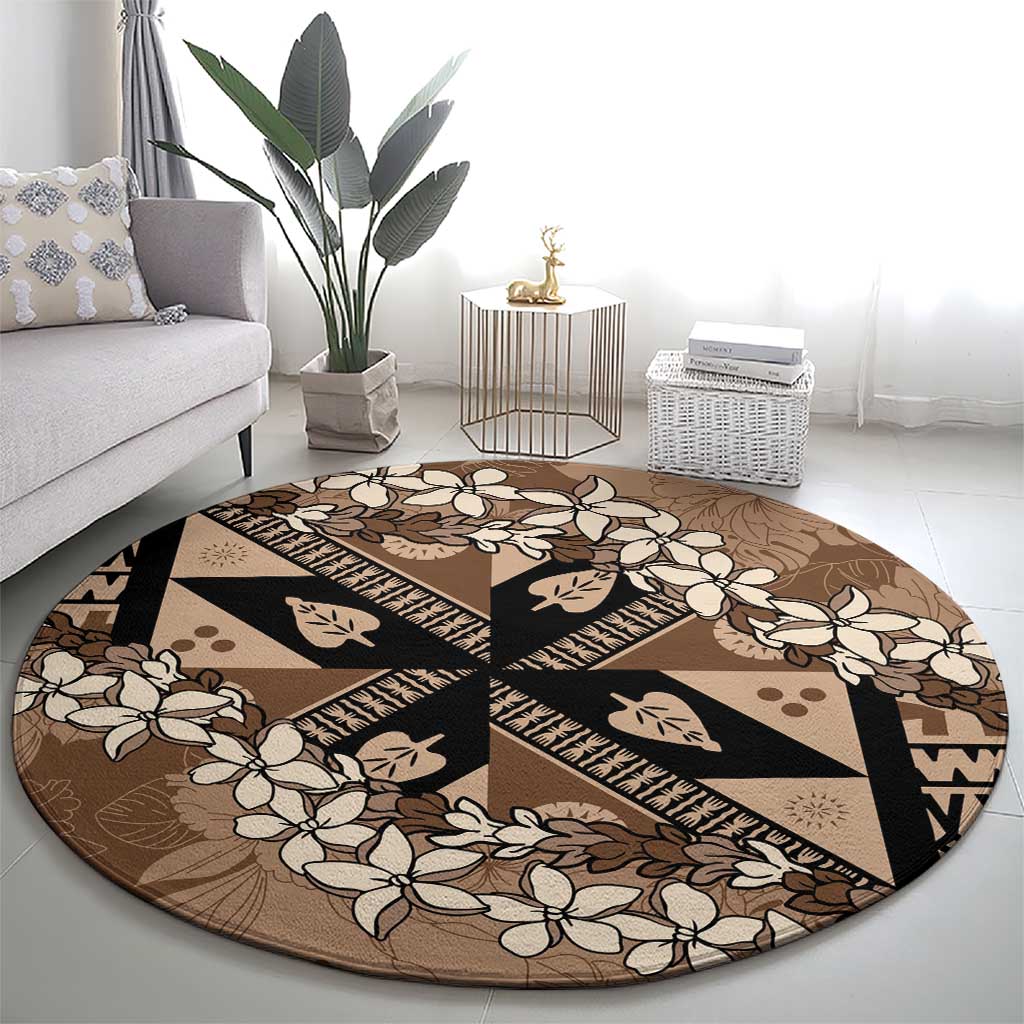 Bula Fiji Plumeria Tagimoucia Salusalu Mocha Round Carpet Kaiviti Masi LT7 - Polynesian Pride