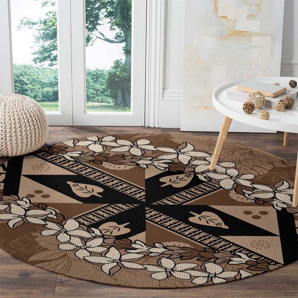 Bula Fiji Plumeria Tagimoucia Salusalu Mocha Round Carpet Kaiviti Masi LT7 - Polynesian Pride