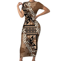 Bula Fiji Plumeria Tagimoucia Salusalu Mocha Short Sleeve Bodycon Dress Kaiviti Masi - Polynesian Pride
