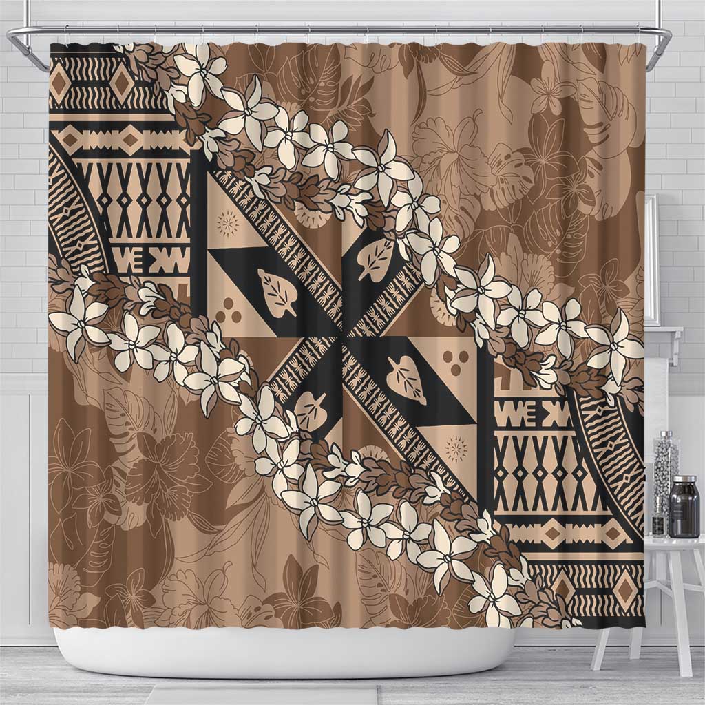 Bula Fiji Plumeria Tagimoucia Salusalu Mocha Shower Curtain Kaiviti Masi - Polynesian Pride