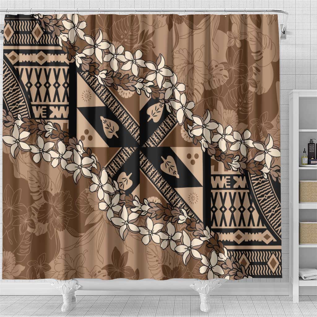 Bula Fiji Plumeria Tagimoucia Salusalu Mocha Shower Curtain Kaiviti Masi - Polynesian Pride