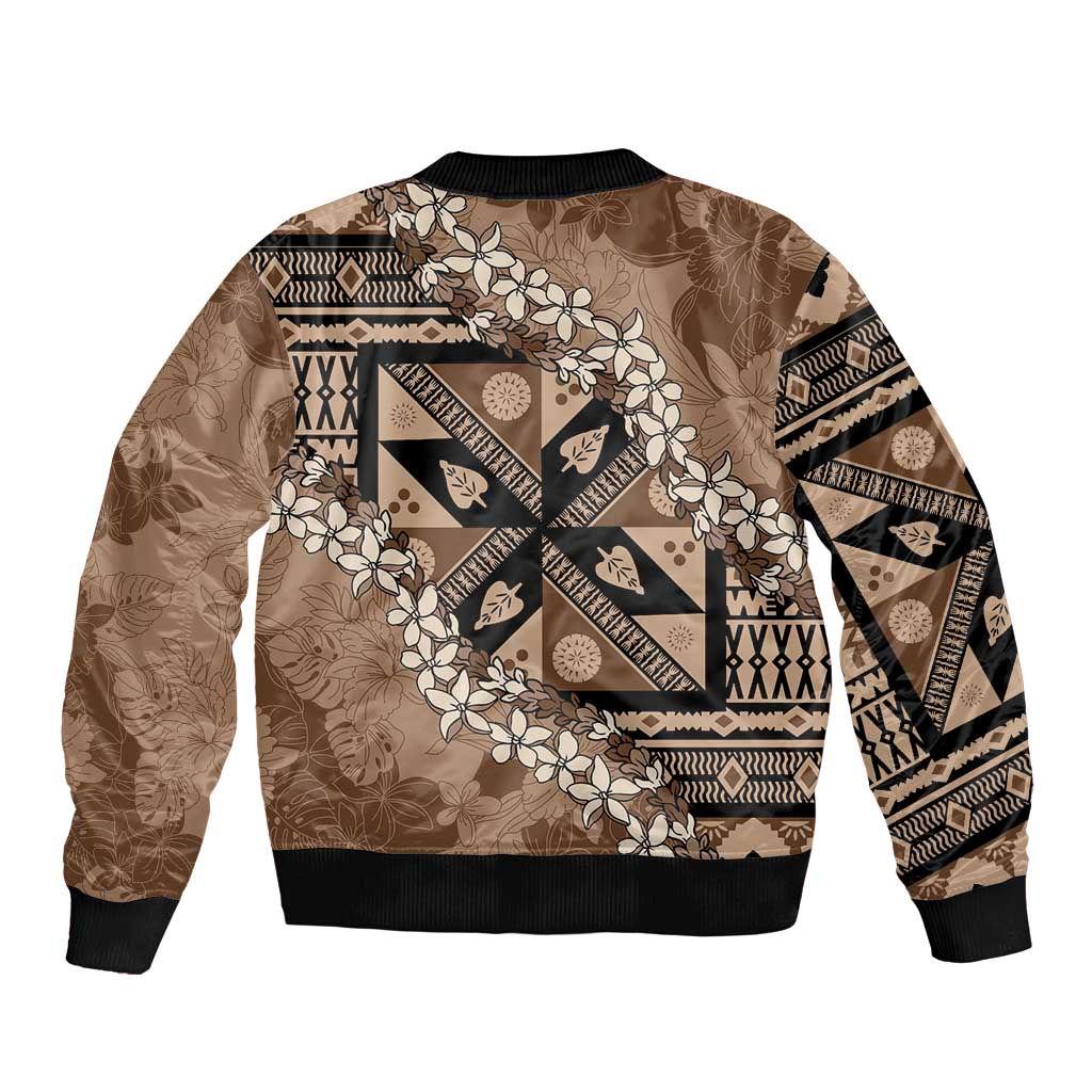Bula Fiji Plumeria Tagimoucia Salusalu Mocha Sleeve Zip Bomber Jacket Kaiviti Masi - Polynesian Pride
