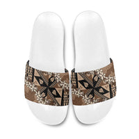 Bula Fiji Plumeria Tagimoucia Salusalu Mocha Slide Sandals Kaiviti Masi - Polynesian Pride
