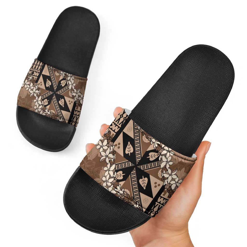 Bula Fiji Plumeria Tagimoucia Salusalu Mocha Slide Sandals Kaiviti Masi - Polynesian Pride