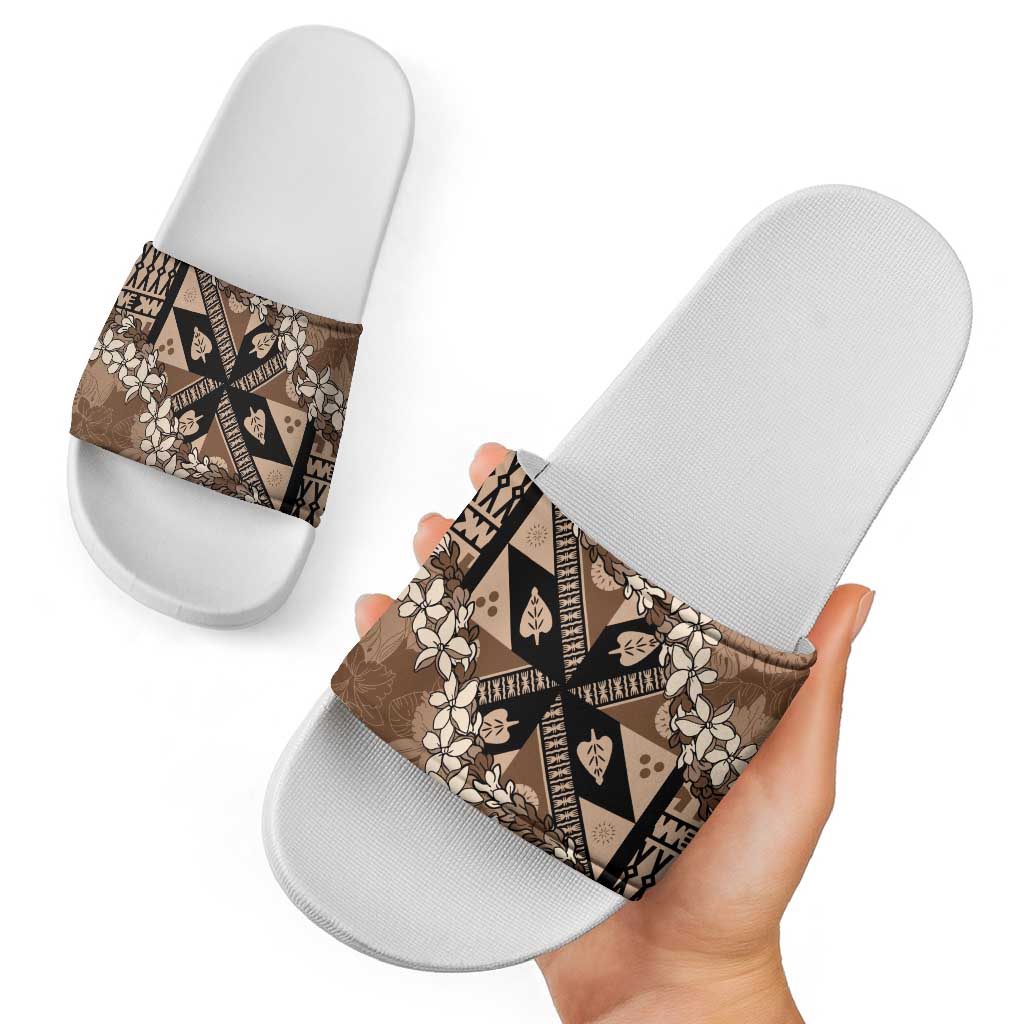 Bula Fiji Plumeria Tagimoucia Salusalu Mocha Slide Sandals Kaiviti Masi - Polynesian Pride