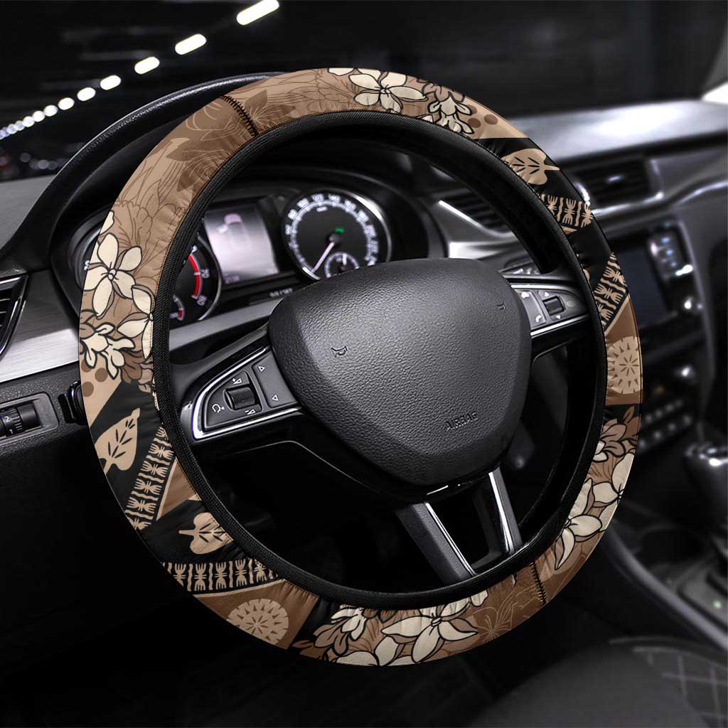 Bula Fiji Plumeria Tagimoucia Salusalu Mocha Steering Wheel Cover Kaiviti Masi - Polynesian Pride