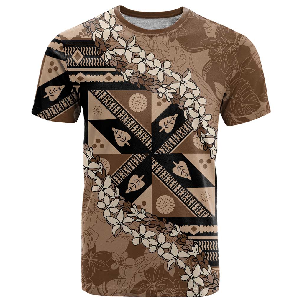 Bula Fiji Plumeria Tagimoucia Salusalu Mocha T Shirt Kaiviti Masi - Polynesian Pride