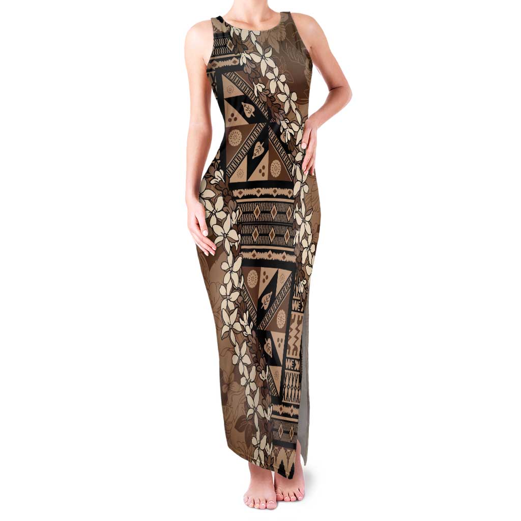 Bula Fiji Plumeria Tagimoucia Salusalu Mocha Tank Maxi Dress Kaiviti Masi - Polynesian Pride