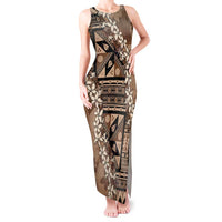 Bula Fiji Plumeria Tagimoucia Salusalu Mocha Tank Maxi Dress Kaiviti Masi - Polynesian Pride