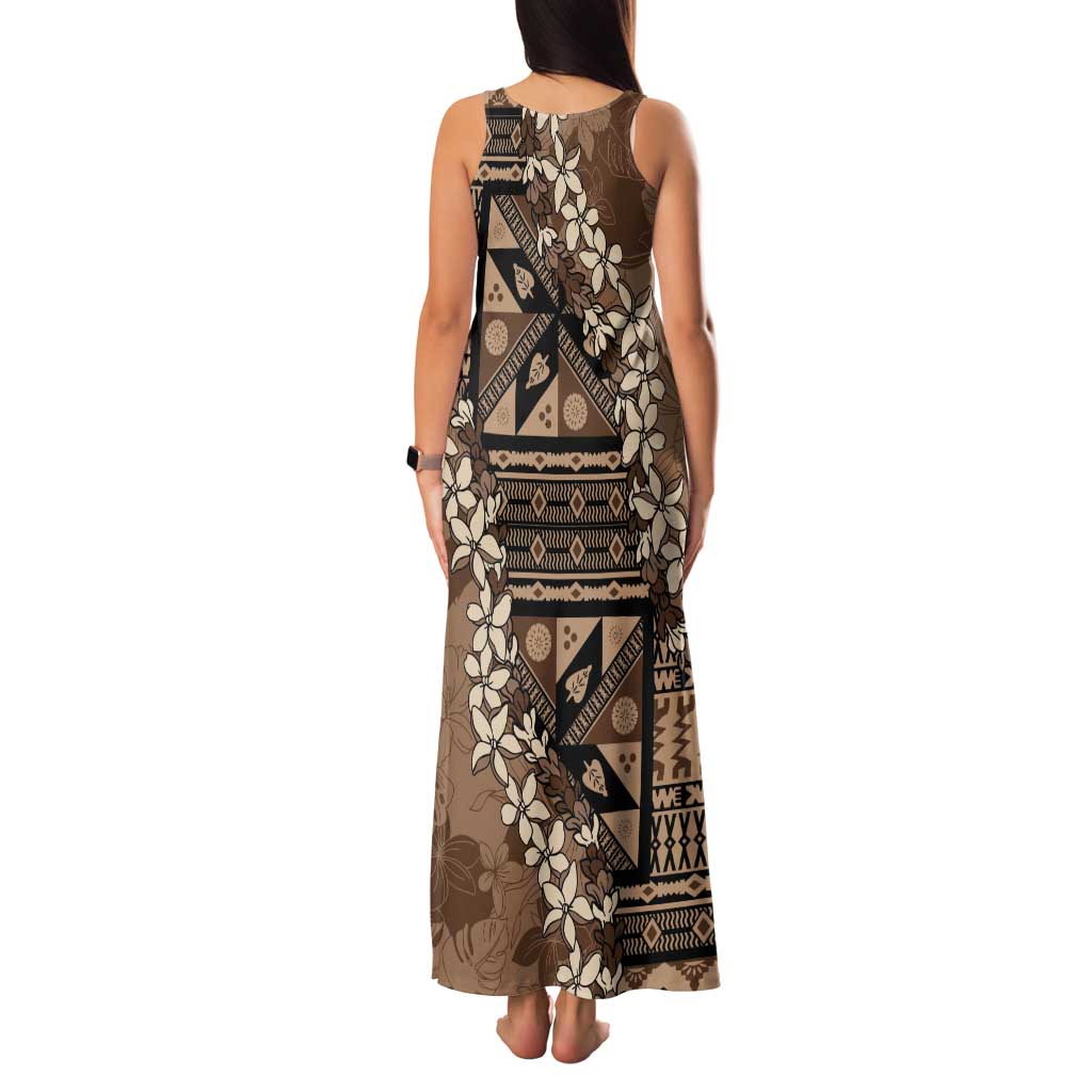 Bula Fiji Plumeria Tagimoucia Salusalu Mocha Tank Maxi Dress Kaiviti Masi - Polynesian Pride