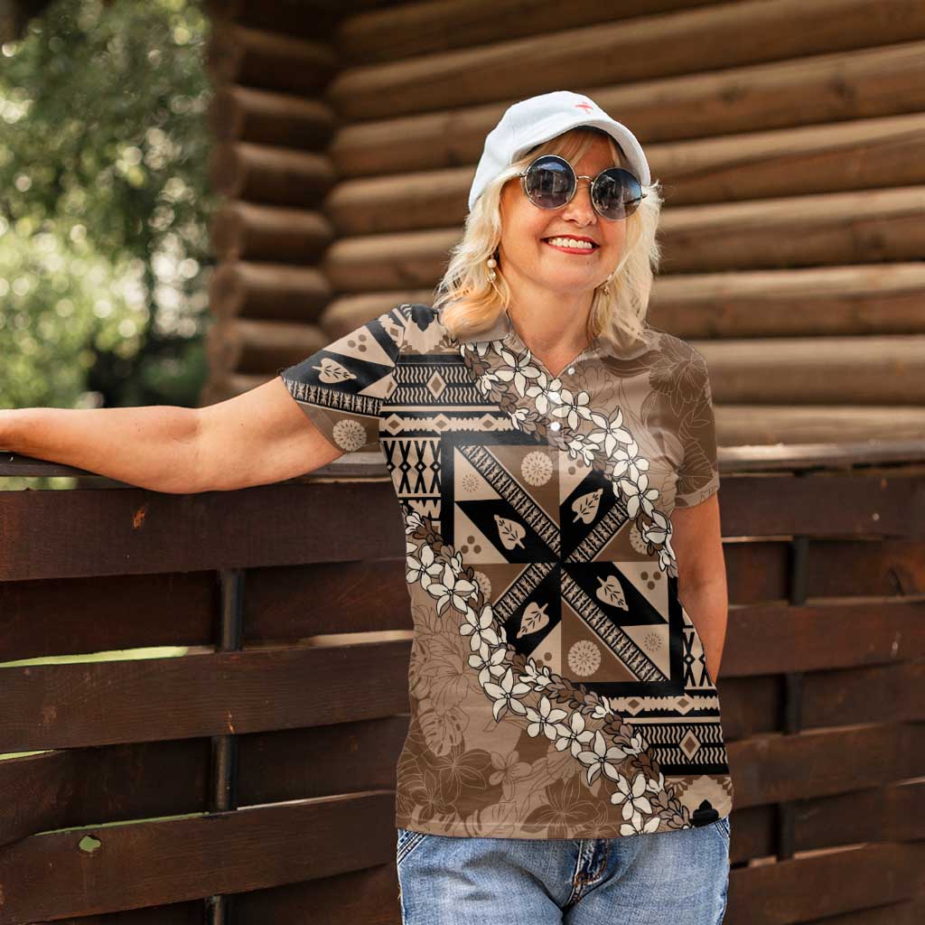 Bula Fiji Plumeria Tagimoucia Salusalu Mocha Women Polo Shirt Kaiviti Masi - Polynesian Pride