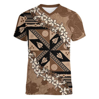 Bula Fiji Plumeria Tagimoucia Salusalu Mocha Women V-Neck T-Shirt Kaiviti Masi - Polynesian Pride
