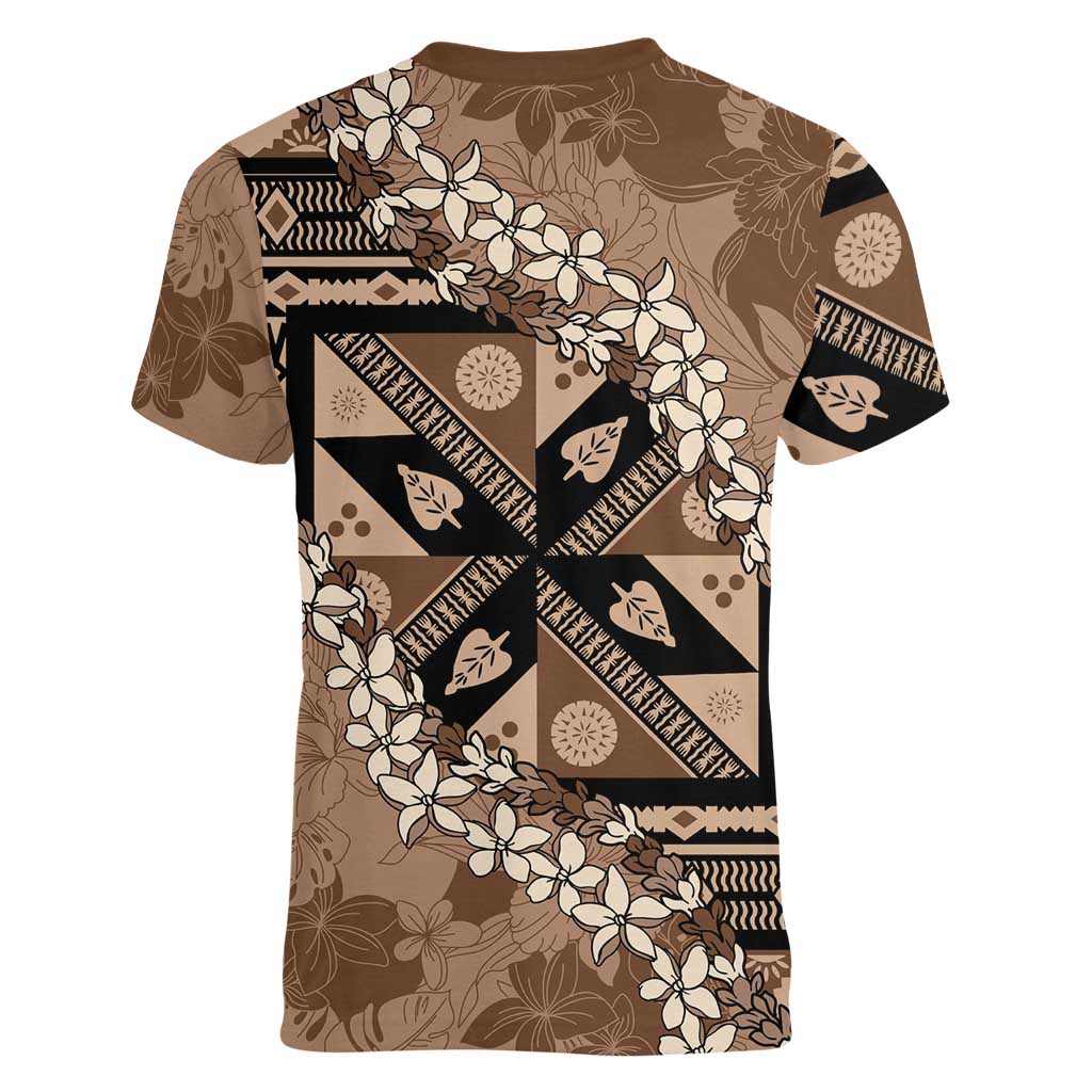 Bula Fiji Plumeria Tagimoucia Salusalu Mocha Women V-Neck T-Shirt Kaiviti Masi - Polynesian Pride