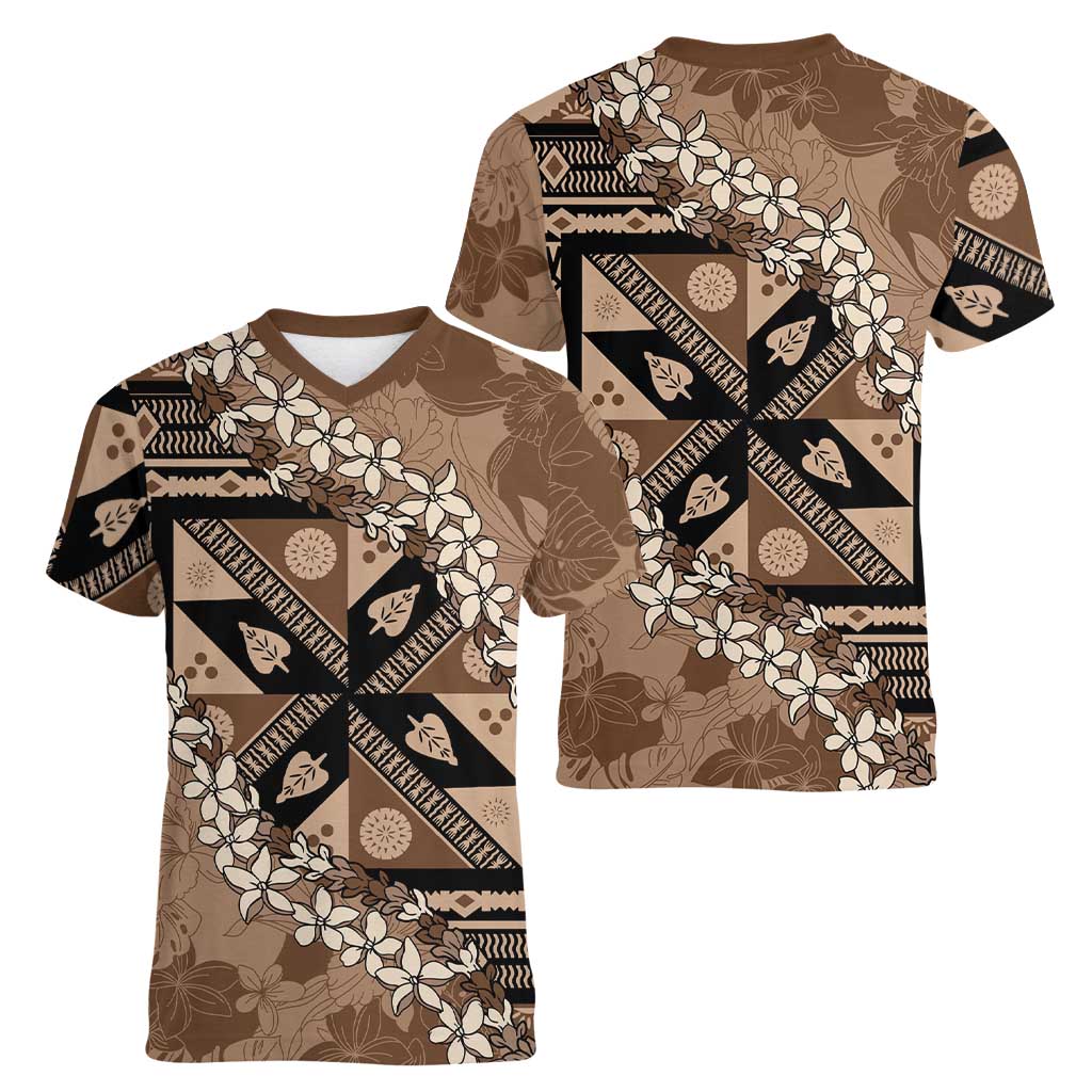 Bula Fiji Plumeria Tagimoucia Salusalu Mocha Women V-Neck T-Shirt Kaiviti Masi - Polynesian Pride
