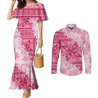 Bula Fiji Plumeria Tagimoucia Salusalu Pink Couples Matching Mermaid Dress and Long Sleeve Button Shirt Kaiviti Masi - Polynesian Pride