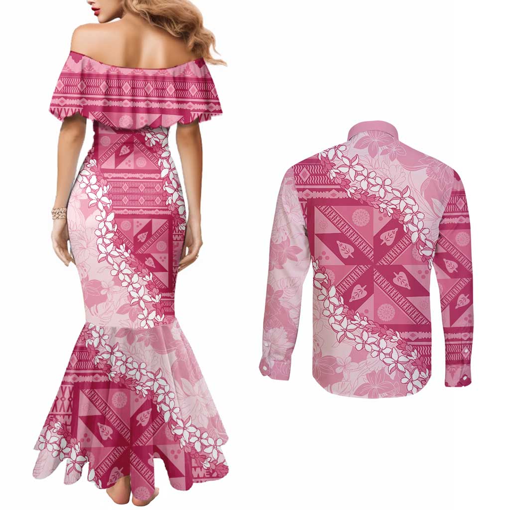 Bula Fiji Plumeria Tagimoucia Salusalu Pink Couples Matching Mermaid Dress and Long Sleeve Button Shirt Kaiviti Masi - Polynesian Pride