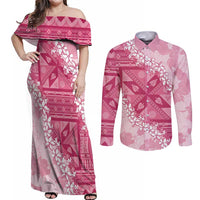 Bula Fiji Plumeria Tagimoucia Salusalu Pink Couples Matching Off Shoulder Maxi Dress and Long Sleeve Button Shirt Kaiviti Masi - Polynesian Pride
