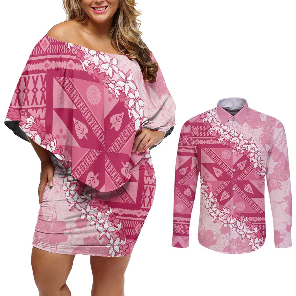 Bula Fiji Plumeria Tagimoucia Salusalu Pink Couples Matching Off Shoulder Short Dress and Long Sleeve Button Shirt Kaiviti Masi - Polynesian Pride
