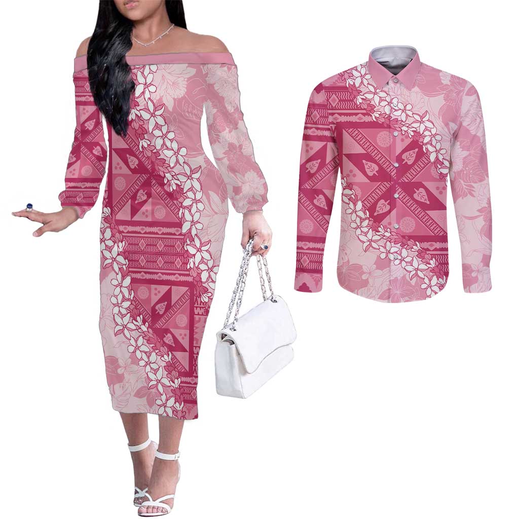 Bula Fiji Plumeria Tagimoucia Salusalu Pink Couples Matching Off The Shoulder Long Sleeve Dress and Long Sleeve Button Shirt Kaiviti Masi - Polynesian Pride