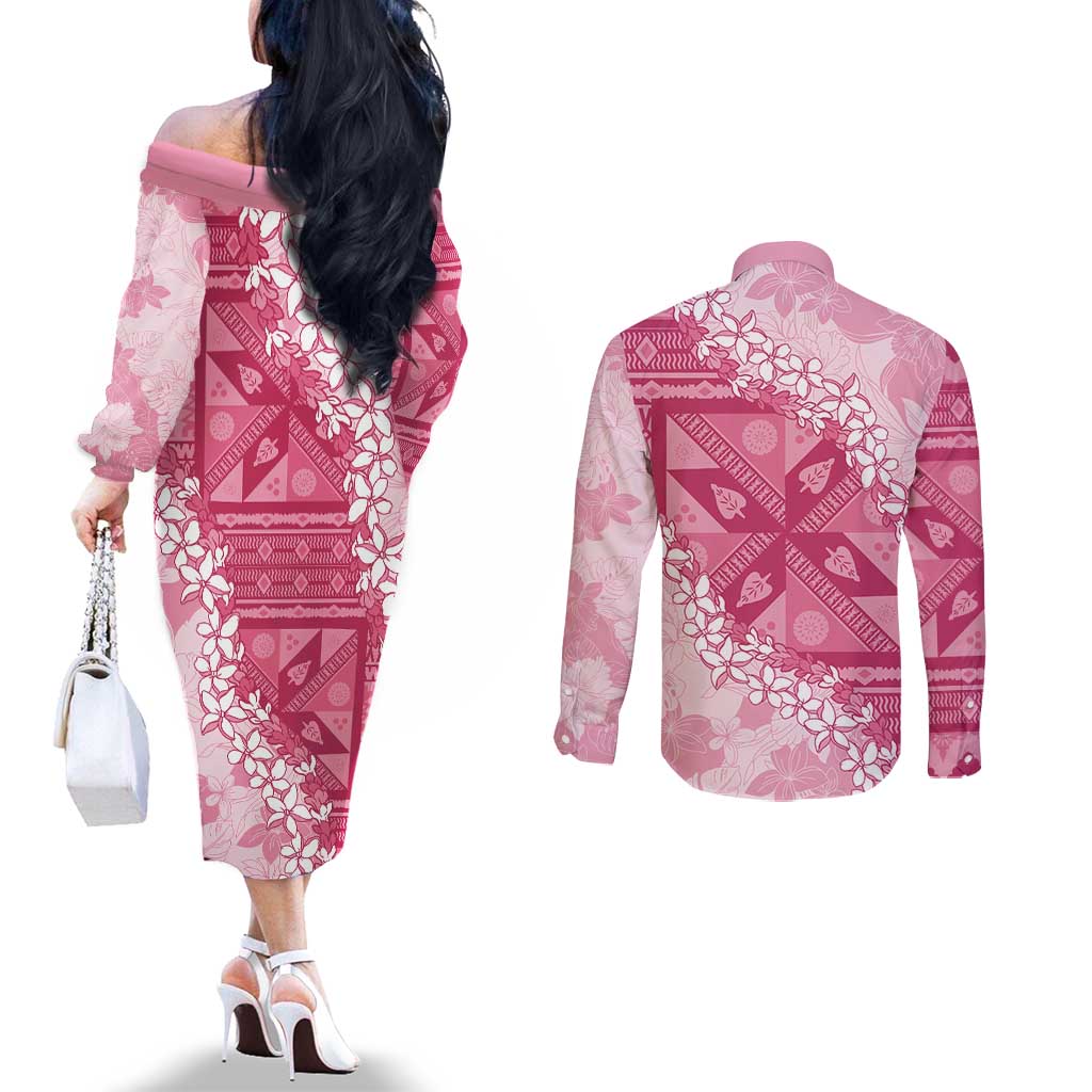 Bula Fiji Plumeria Tagimoucia Salusalu Pink Couples Matching Off The Shoulder Long Sleeve Dress and Long Sleeve Button Shirt Kaiviti Masi - Polynesian Pride