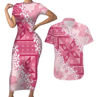 Bula Fiji Plumeria Tagimoucia Salusalu Pink Couples Matching Short Sleeve Bodycon Dress and Hawaiian Shirt Kaiviti Masi - Polynesian Pride