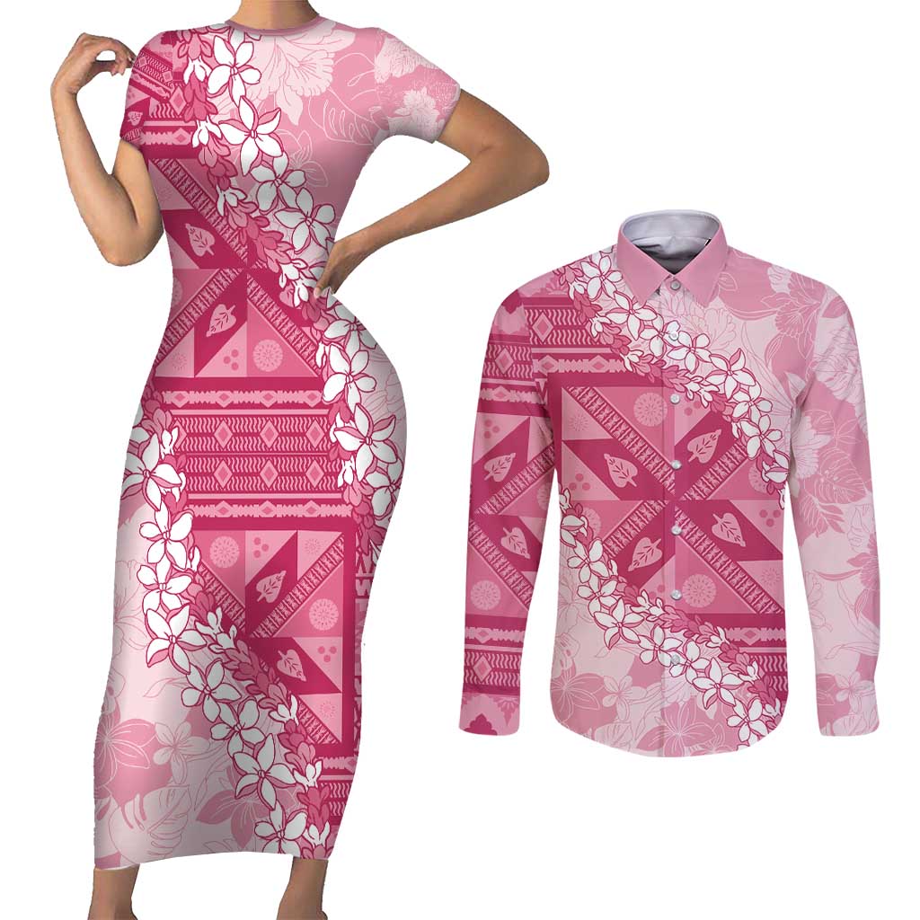 Bula Fiji Plumeria Tagimoucia Salusalu Pink Couples Matching Short Sleeve Bodycon Dress and Long Sleeve Button Shirt Kaiviti Masi - Polynesian Pride