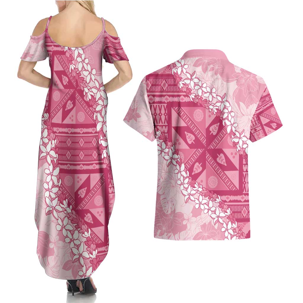 Bula Fiji Plumeria Tagimoucia Salusalu Pink Couples Matching Summer Maxi Dress and Hawaiian Shirt Kaiviti Masi - Polynesian Pride