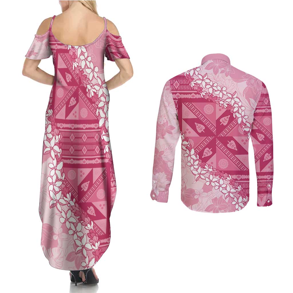Bula Fiji Plumeria Tagimoucia Salusalu Pink Couples Matching Summer Maxi Dress and Long Sleeve Button Shirt Kaiviti Masi - Polynesian Pride