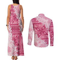 Bula Fiji Plumeria Tagimoucia Salusalu Pink Couples Matching Tank Maxi Dress and Long Sleeve Button Shirt Kaiviti Masi - Polynesian Pride