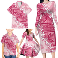 Bula Fiji Plumeria Tagimoucia Salusalu Pink Family Matching Long Sleeve Bodycon Dress and Hawaiian Shirt Kaiviti Masi - Polynesian Pride