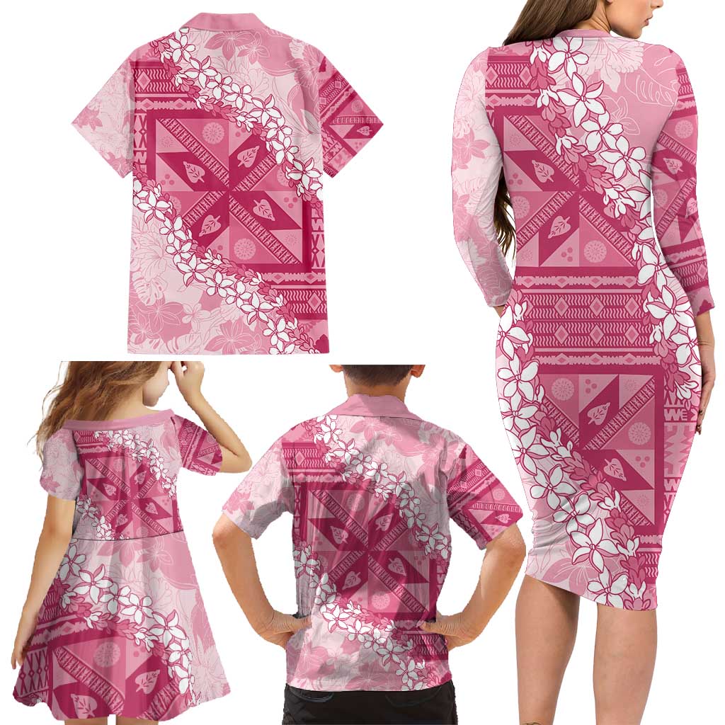 Bula Fiji Plumeria Tagimoucia Salusalu Pink Family Matching Long Sleeve Bodycon Dress and Hawaiian Shirt Kaiviti Masi - Polynesian Pride