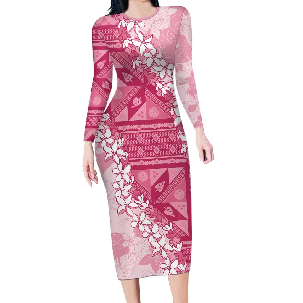 Bula Fiji Plumeria Tagimoucia Salusalu Pink Family Matching Long Sleeve Bodycon Dress and Hawaiian Shirt Kaiviti Masi - Polynesian Pride