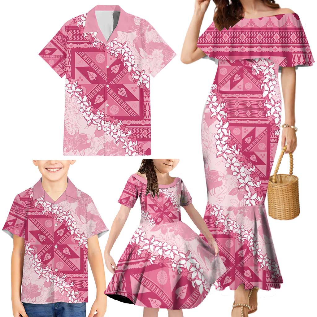 Bula Fiji Plumeria Tagimoucia Salusalu Pink Family Matching Mermaid Dress and Hawaiian Shirt Kaiviti Masi - Polynesian Pride