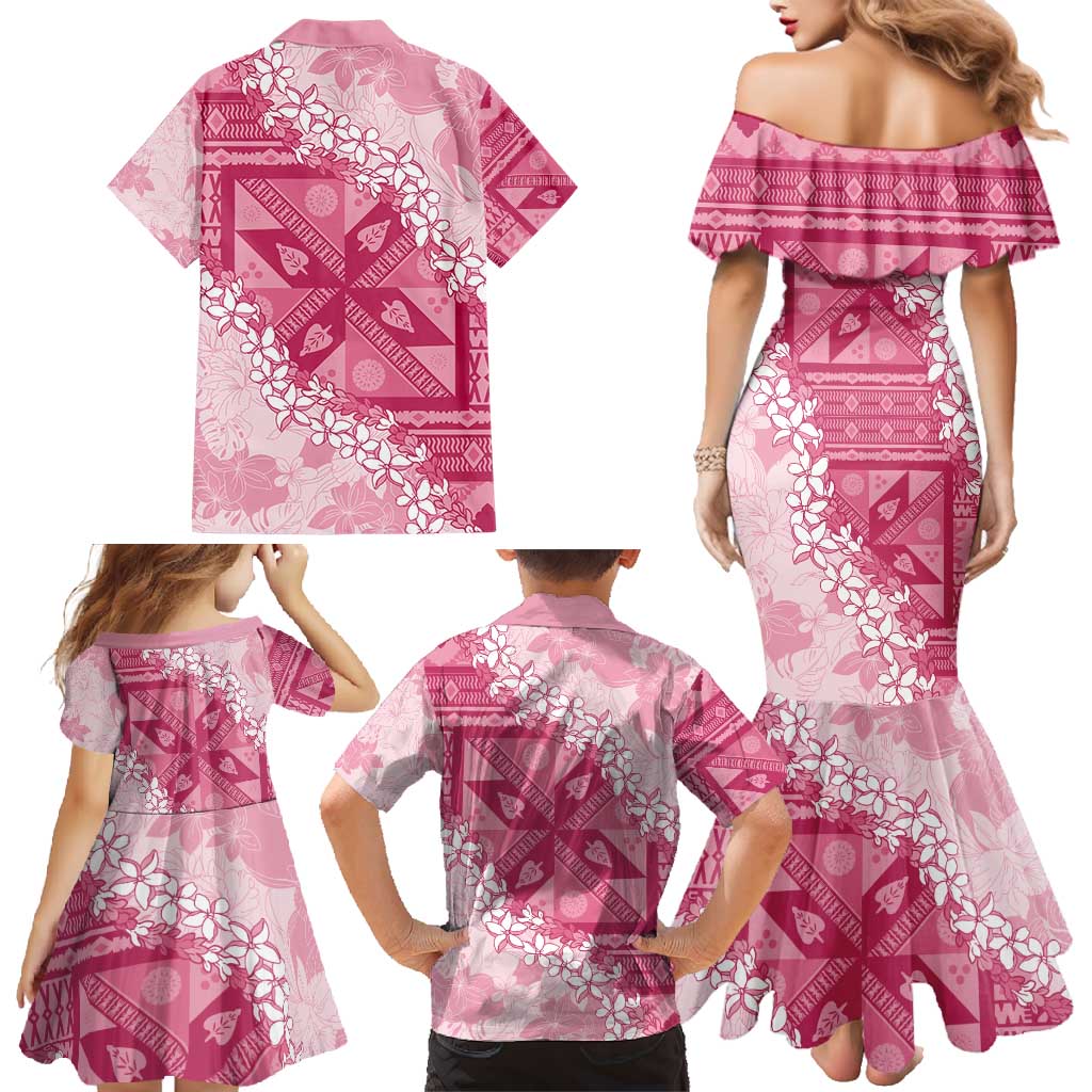 Bula Fiji Plumeria Tagimoucia Salusalu Pink Family Matching Mermaid Dress and Hawaiian Shirt Kaiviti Masi - Polynesian Pride