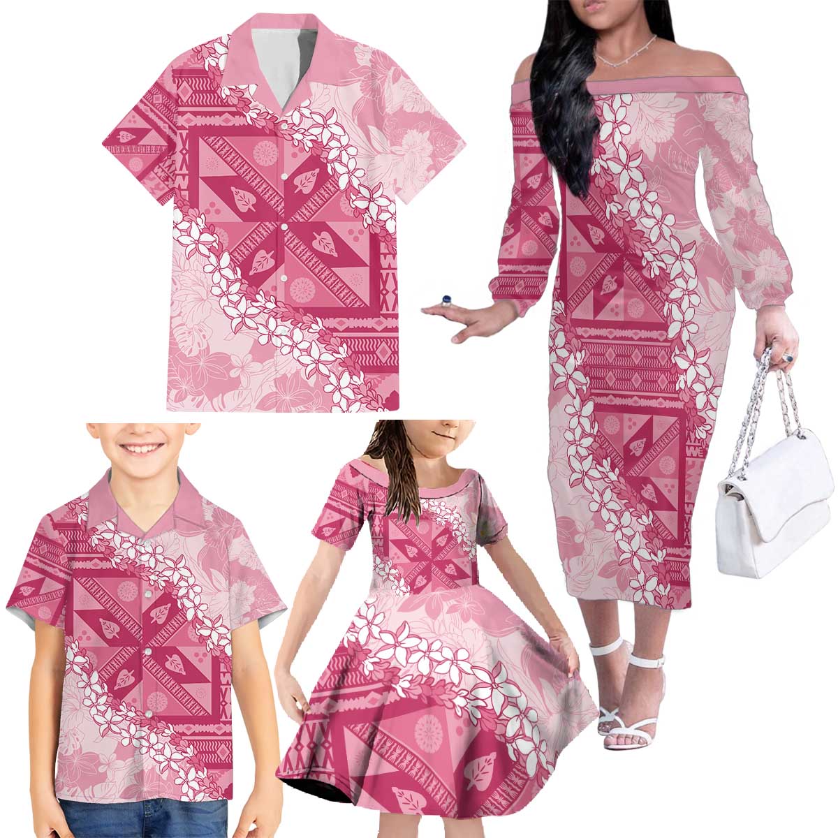 Bula Fiji Plumeria Tagimoucia Salusalu Pink Family Matching Off The Shoulder Long Sleeve Dress and Hawaiian Shirt Kaiviti Masi - Polynesian Pride