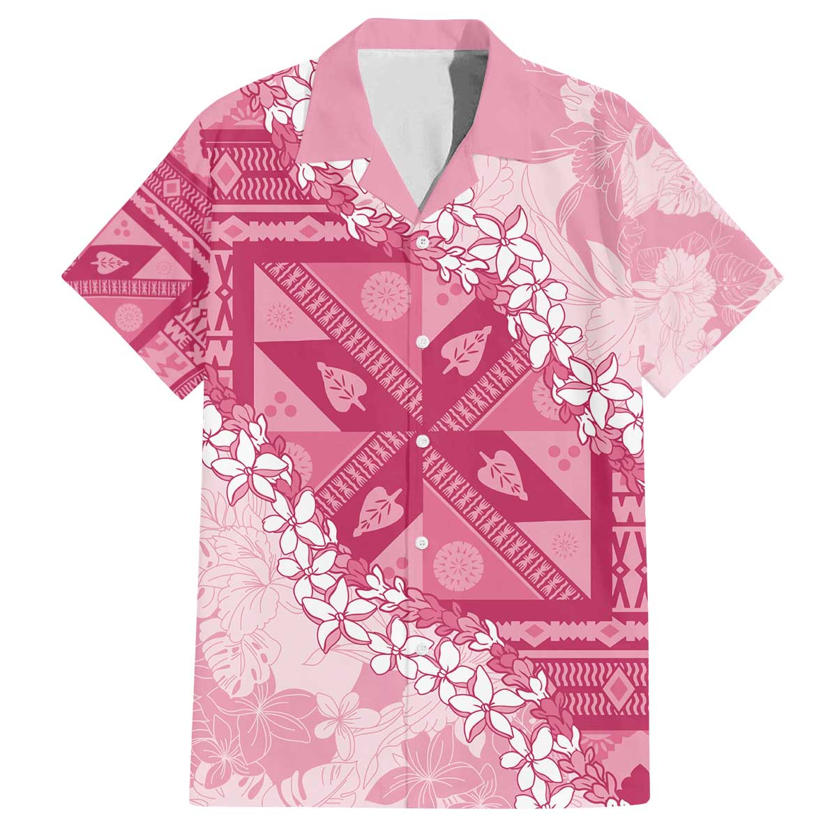 Bula Fiji Plumeria Tagimoucia Salusalu Pink Family Matching Off The Shoulder Long Sleeve Dress and Hawaiian Shirt Kaiviti Masi - Polynesian Pride