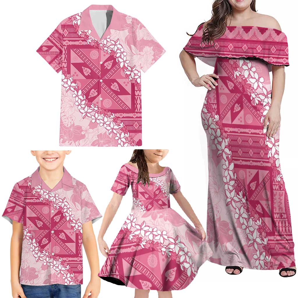 Bula Fiji Plumeria Tagimoucia Salusalu Pink Family Matching Off Shoulder Maxi Dress and Hawaiian Shirt Kaiviti Masi - Polynesian Pride