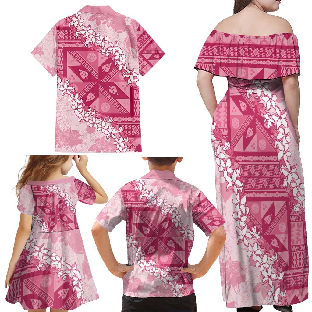 Bula Fiji Plumeria Tagimoucia Salusalu Pink Family Matching Off Shoulder Maxi Dress and Hawaiian Shirt Kaiviti Masi - Polynesian Pride