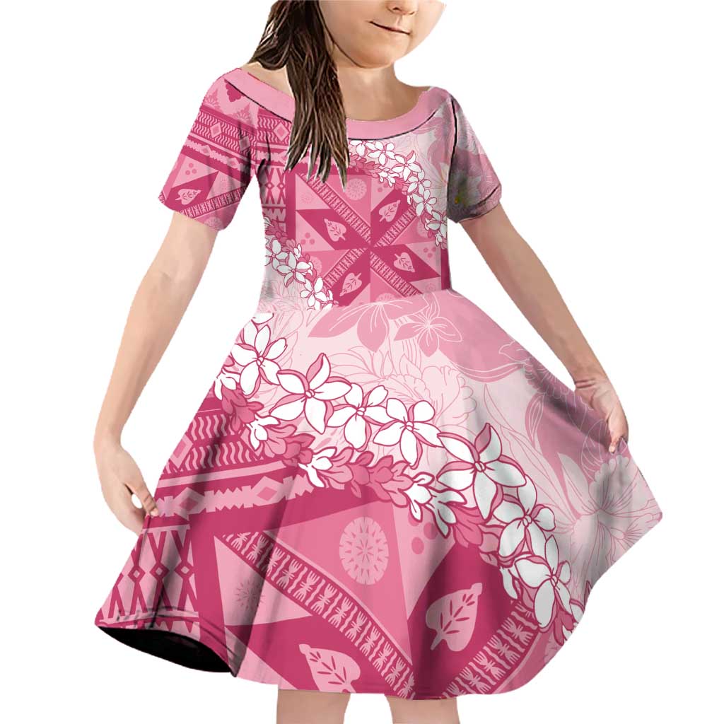 Bula Fiji Plumeria Tagimoucia Salusalu Pink Family Matching Off Shoulder Short Dress and Hawaiian Shirt Kaiviti Masi - Polynesian Pride