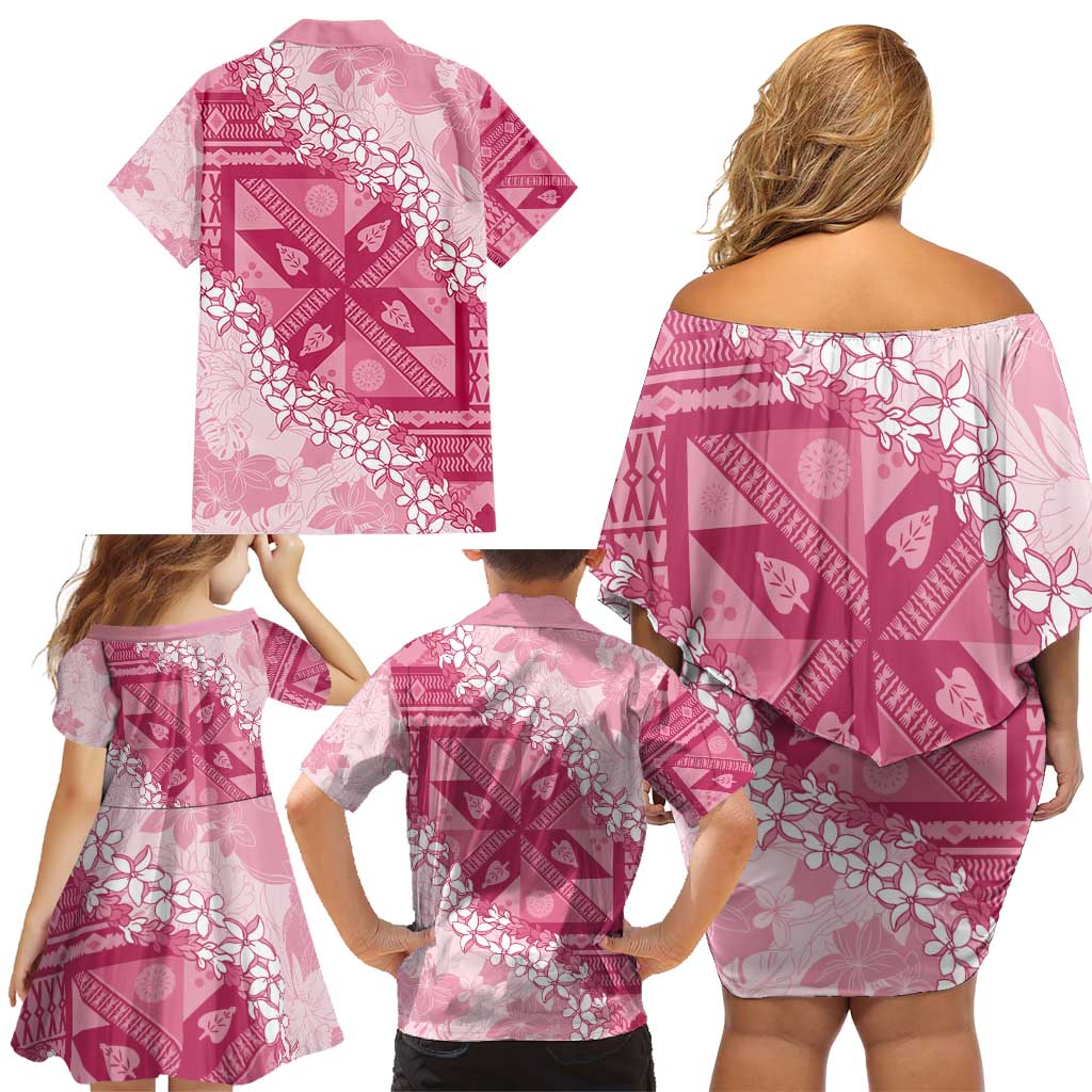 Bula Fiji Plumeria Tagimoucia Salusalu Pink Family Matching Off Shoulder Short Dress and Hawaiian Shirt Kaiviti Masi - Polynesian Pride