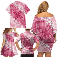 Bula Fiji Plumeria Tagimoucia Salusalu Pink Family Matching Off Shoulder Short Dress and Hawaiian Shirt Kaiviti Masi - Polynesian Pride