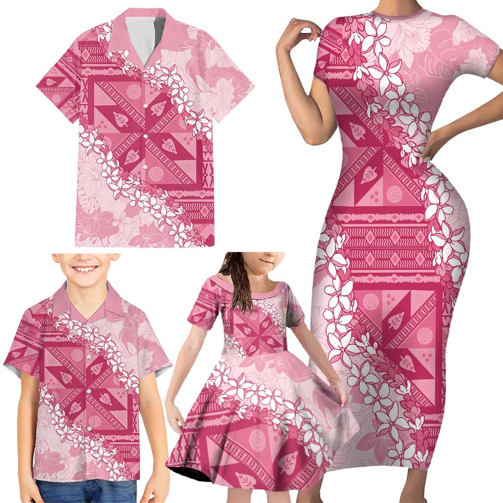 Bula Fiji Plumeria Tagimoucia Salusalu Pink Family Matching Short Sleeve Bodycon Dress and Hawaiian Shirt Kaiviti Masi - Polynesian Pride