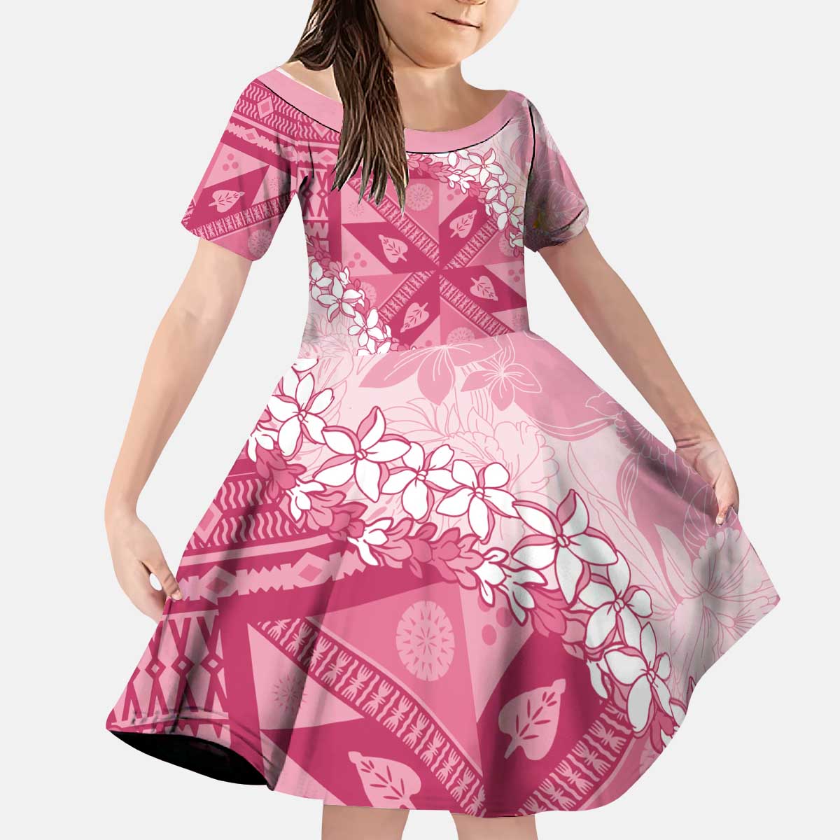 Bula Fiji Plumeria Tagimoucia Salusalu Pink Kid Short Sleeve Dress Kaiviti Masi - Polynesian Pride
