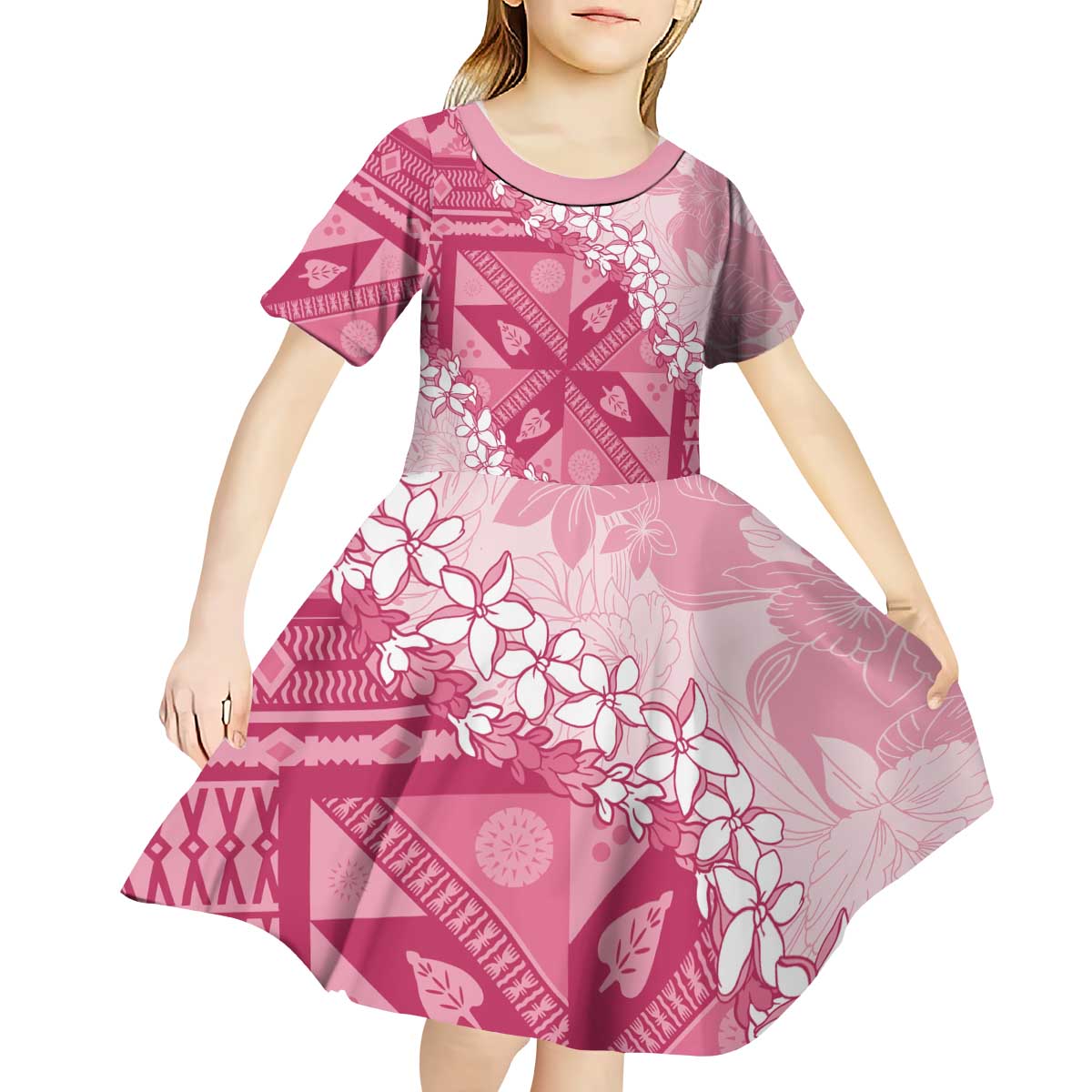 Bula Fiji Plumeria Tagimoucia Salusalu Pink Kid Short Sleeve Dress Kaiviti Masi - Polynesian Pride