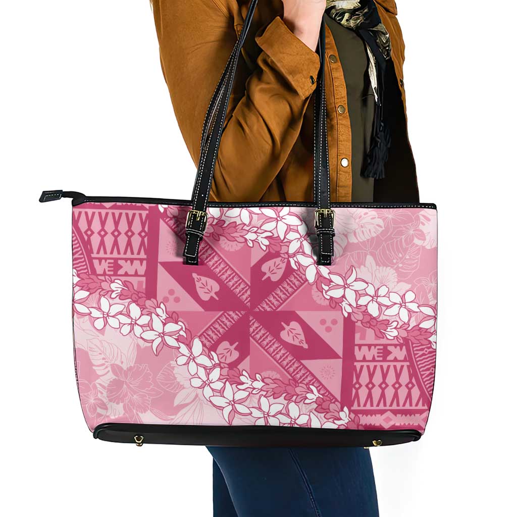 Bula Fiji Plumeria Tagimoucia Salusalu Pink Leather Tote Bag Kaiviti Masi - Polynesian Pride