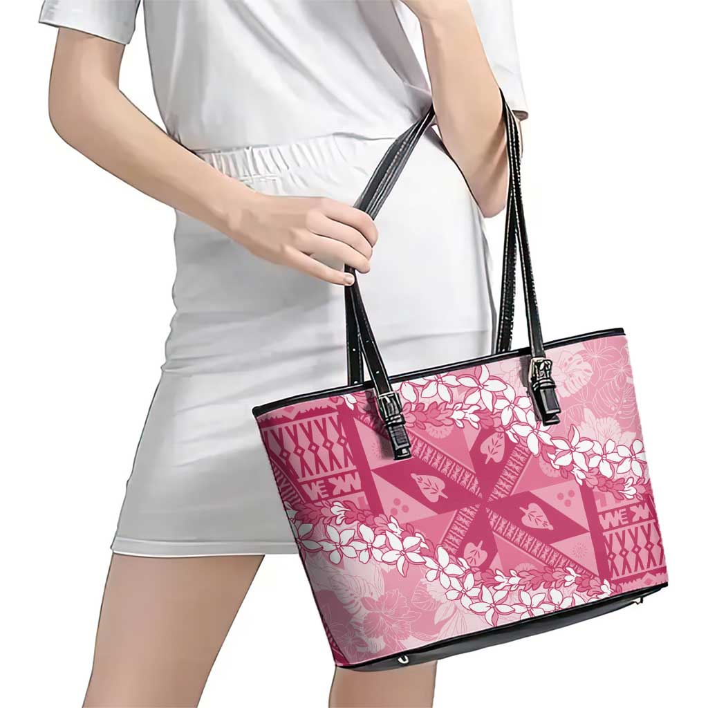 Bula Fiji Plumeria Tagimoucia Salusalu Pink Leather Tote Bag Kaiviti Masi - Polynesian Pride
