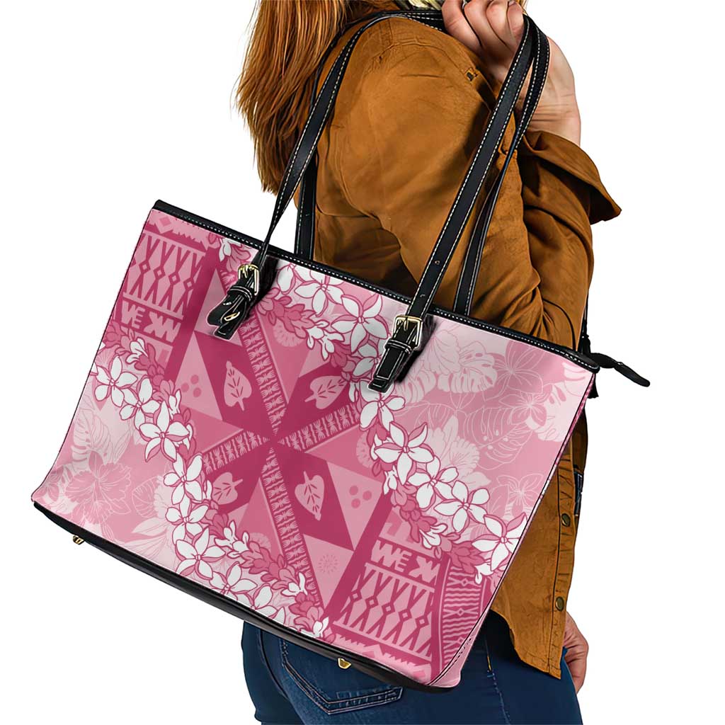 Bula Fiji Plumeria Tagimoucia Salusalu Pink Leather Tote Bag Kaiviti Masi - Polynesian Pride