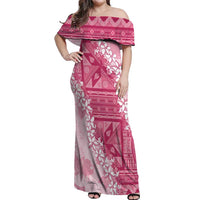 Bula Fiji Plumeria Tagimoucia Salusalu Pink Off Shoulder Maxi Dress Kaiviti Masi - Polynesian Pride
