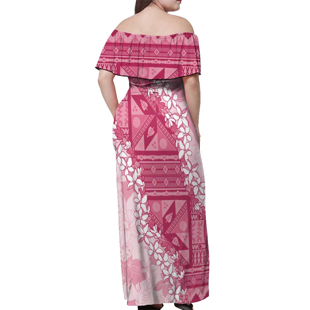 Bula Fiji Plumeria Tagimoucia Salusalu Pink Off Shoulder Maxi Dress Kaiviti Masi - Polynesian Pride